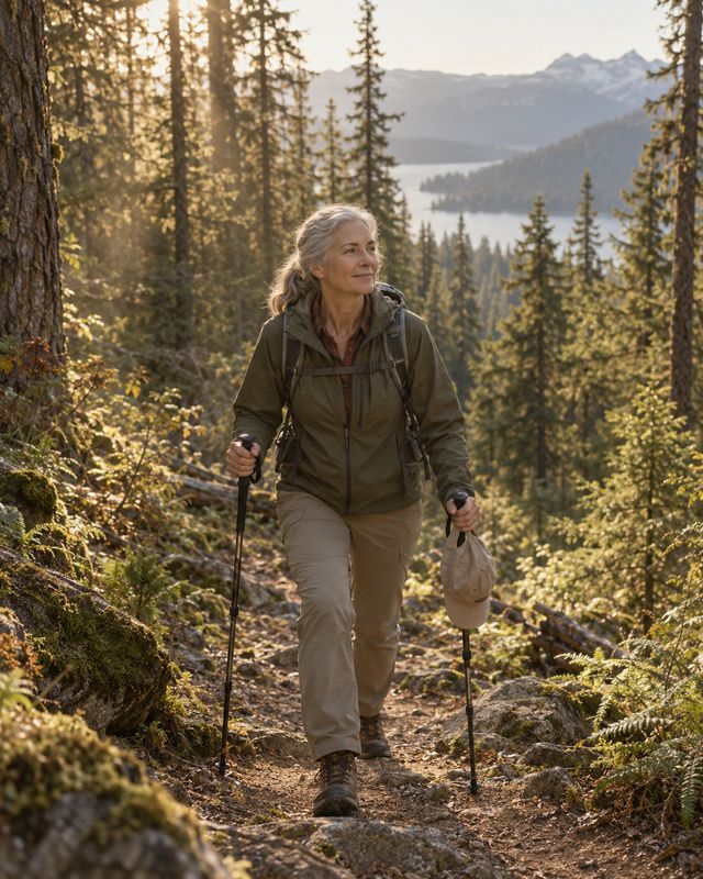 A woman in her sixties hiking a sunlit forest trail with trekking poles, a mountain lake below